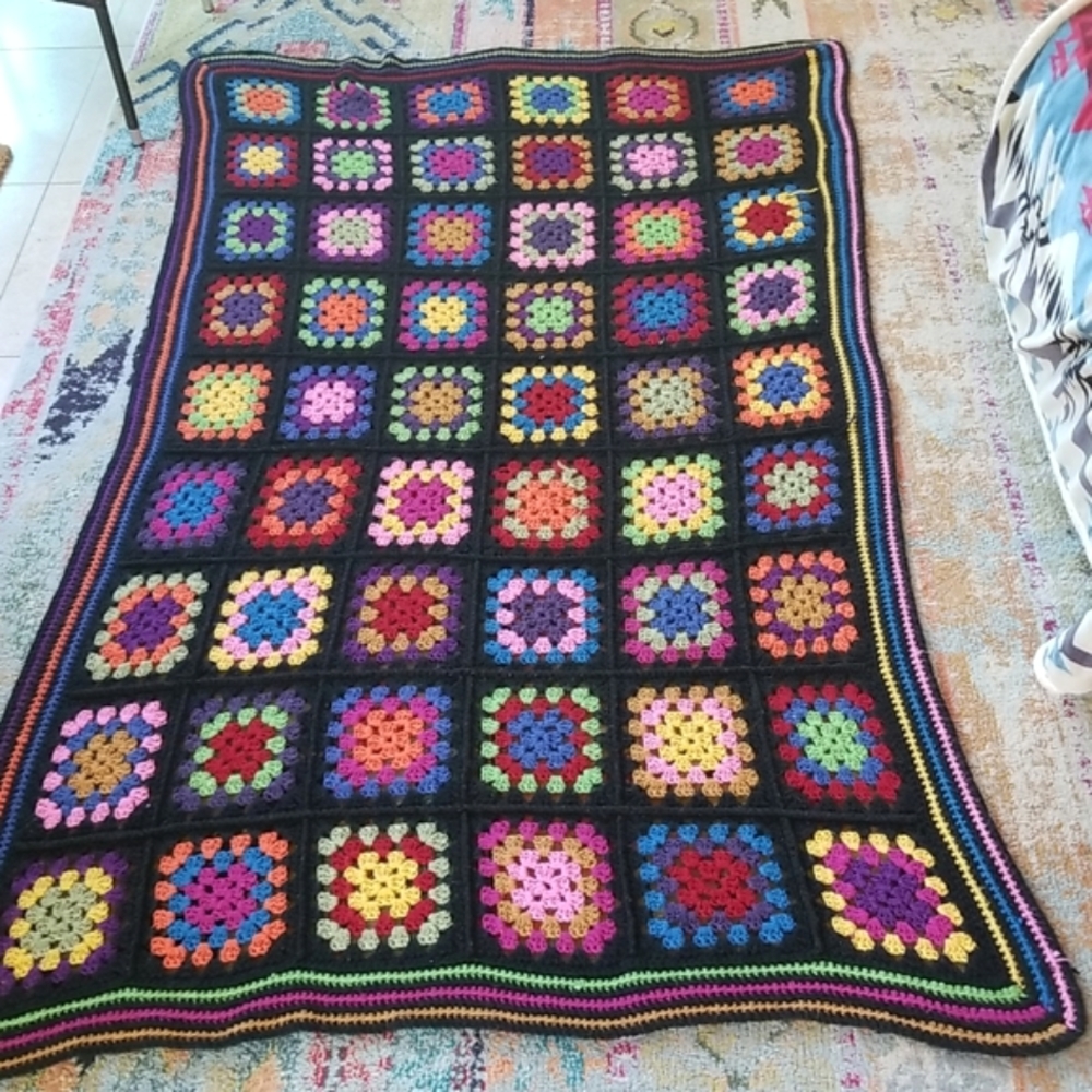 70's Crochet Patchwork Colorful Hippie Blanket Bedspread Funky Throw Nana Quilt